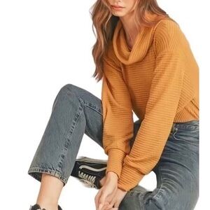 Anthropologie Maeve Ribbed Knit Cowl Neck Mustard Marigold Long Sleeve Top XL